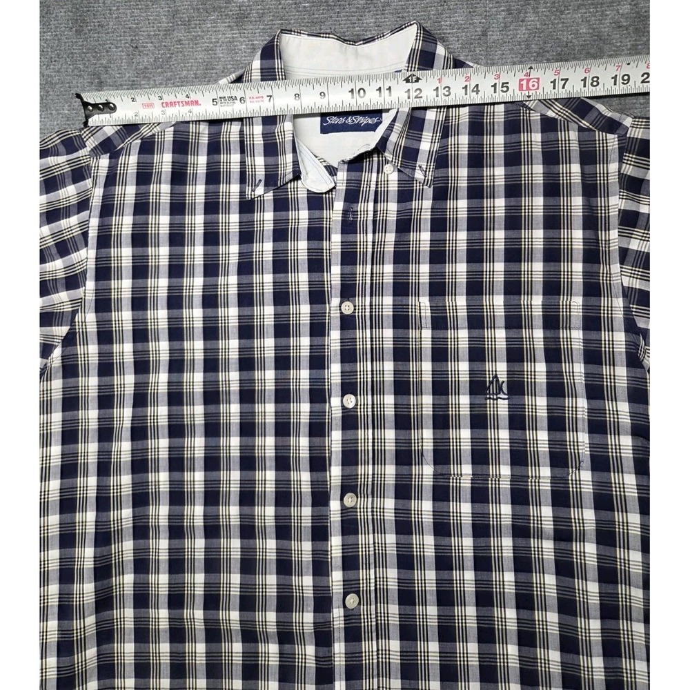 90s Stars & Stripes Plaid Shirt Mens L Blue White Short Sleeve Button Up - Picture 10 of 10